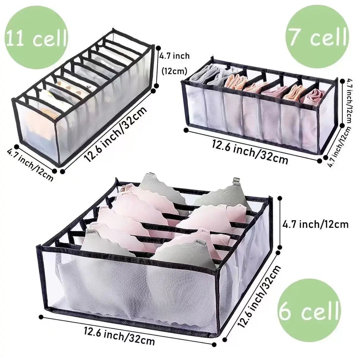 séparateur de tiroir pour organisateur de sous-vêtements, boîte de rangement d’armoire 3 en 1, doté d’organisateurs de soutiens-gorge en maille transparente avec bordure noire, disponible en configurations 6 alvéoles, 7 alvéoles et 11 alvéoles