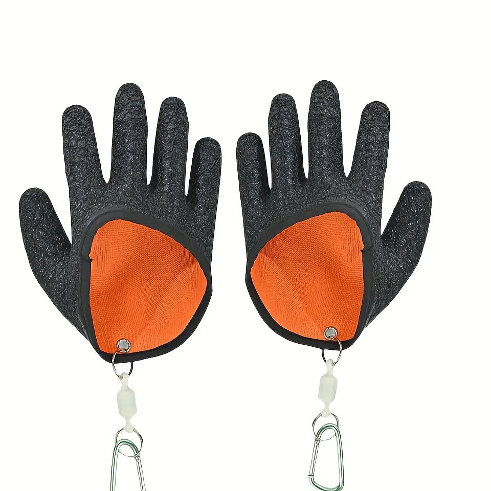 Gants de pêche imperméables noirs et orange avec paume antidérapante à texture, dos en tissu renforcé et attaches en mousquetons métalliques, présentés du côté arrière.