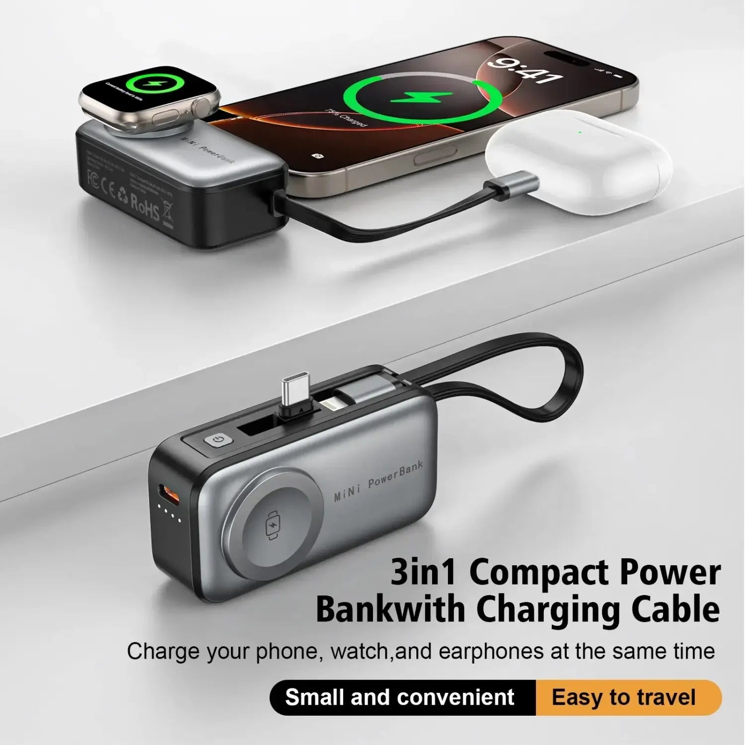 Batterie de secours mini magnétique argent et noir de 5000 mAh, chargeur portable avec câble de chargement compact intégré 3 en 1, pour une utilisation pratique en déplacement
