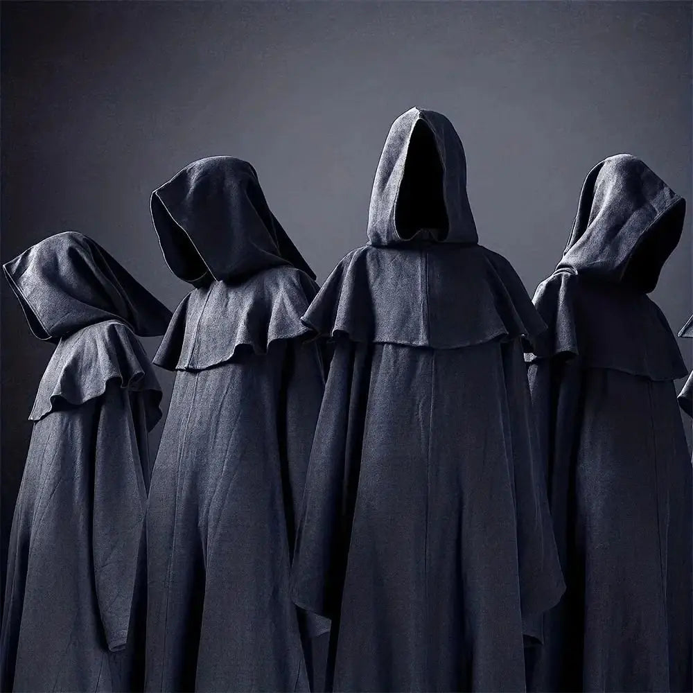 black spandex full face mask 2 pack featuring black hooded cloaks with flowing layered fabric and a textured weave shown from the back side