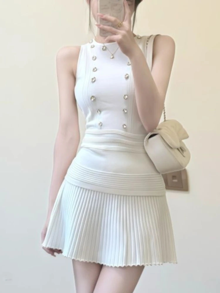 Women Chic Two Piece Set Sleeveless Knit Tank Top and High Waist Pleated Mini Skirt Pearl Detail Slim Fit Suit Minimalist Outfit