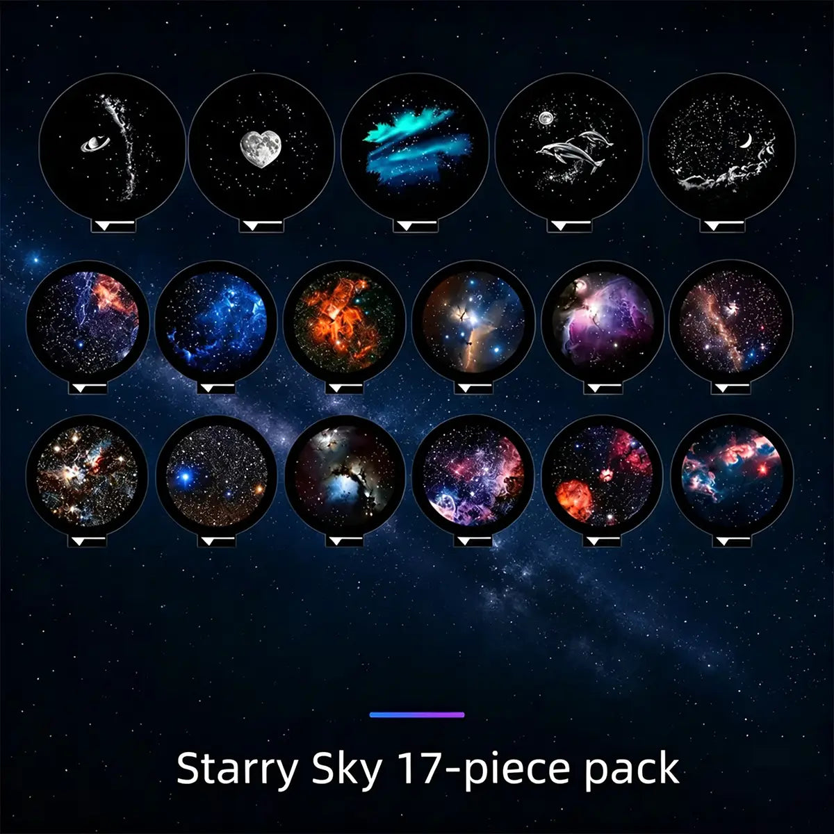 Pack de 17 pièces « ciel étoilé », disques circulaires noirs à monture, projection cosmique, avec des nébuleuses vibrantes et des scènes célestes pour le projecteur lumière « ciel étoilé » de galaxie du projecteur mini LED.