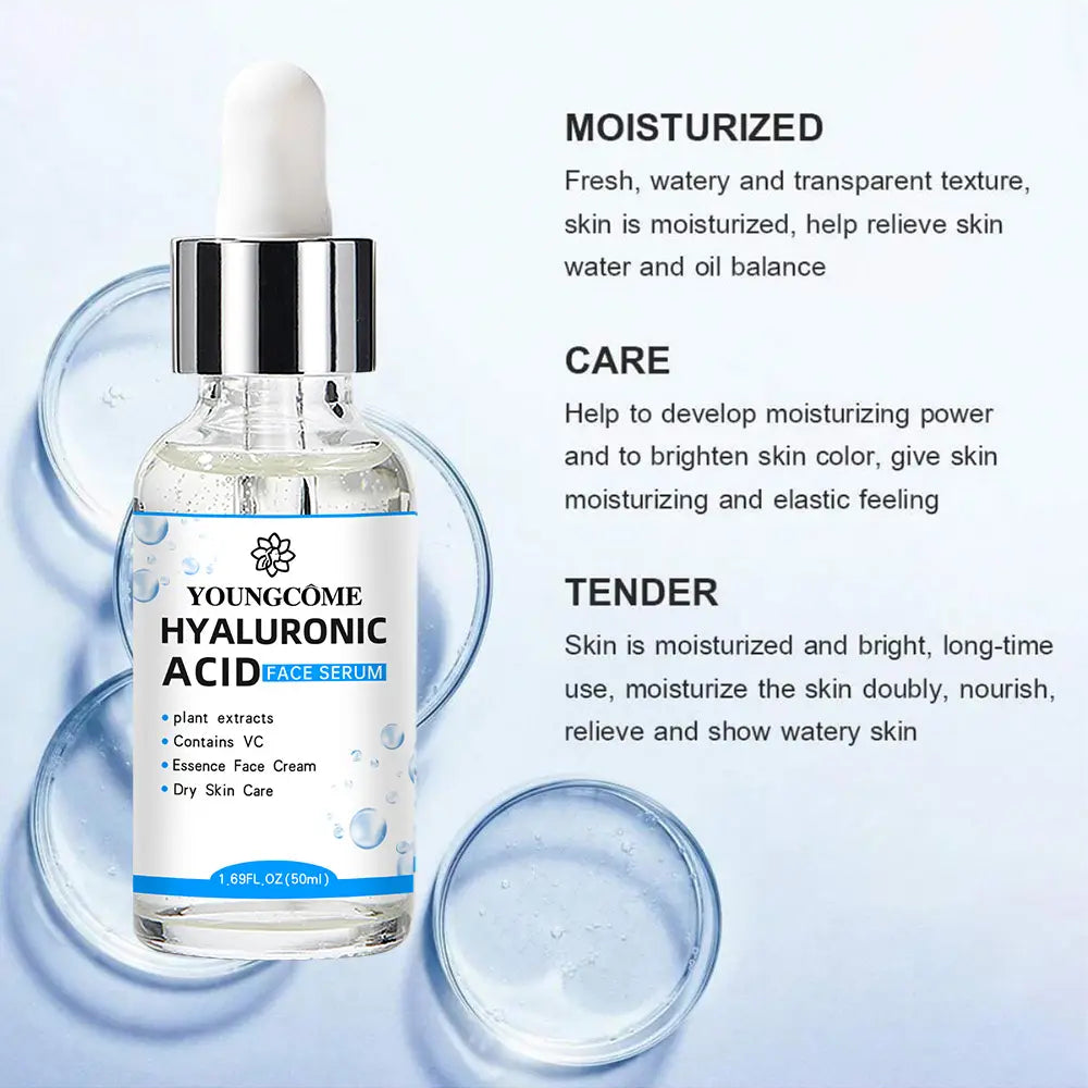 Frasco de vidrio transparente con tapón cuentagotas plateado y etiqueta blanca que contiene la esencia facial de ácido hialurónico de Youngcôme para humectar e hidratar la piel.