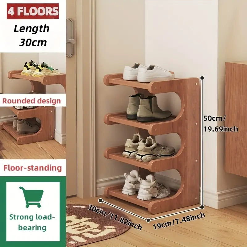 Meuble-bottes en bois brun avec quatre étagères arrondies à niveaux et conception autoportante au sol, pour un rangement organisé.