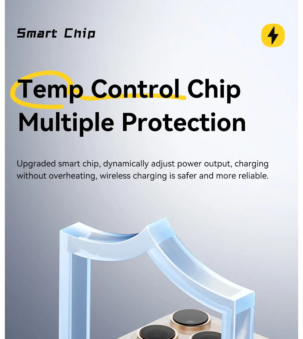 A sleek translucent blue smart chip with a curved design and three circular black components at its base in the Essager magnetic 15w wireless charger stand.