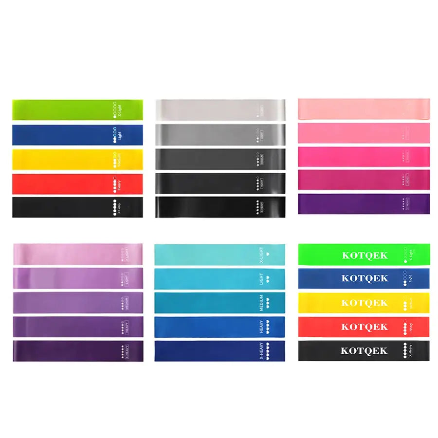 Set of colorful kotqek resistance bands in assorted weights and vibrant hues featured in the purple resistance bands set for home fitness.