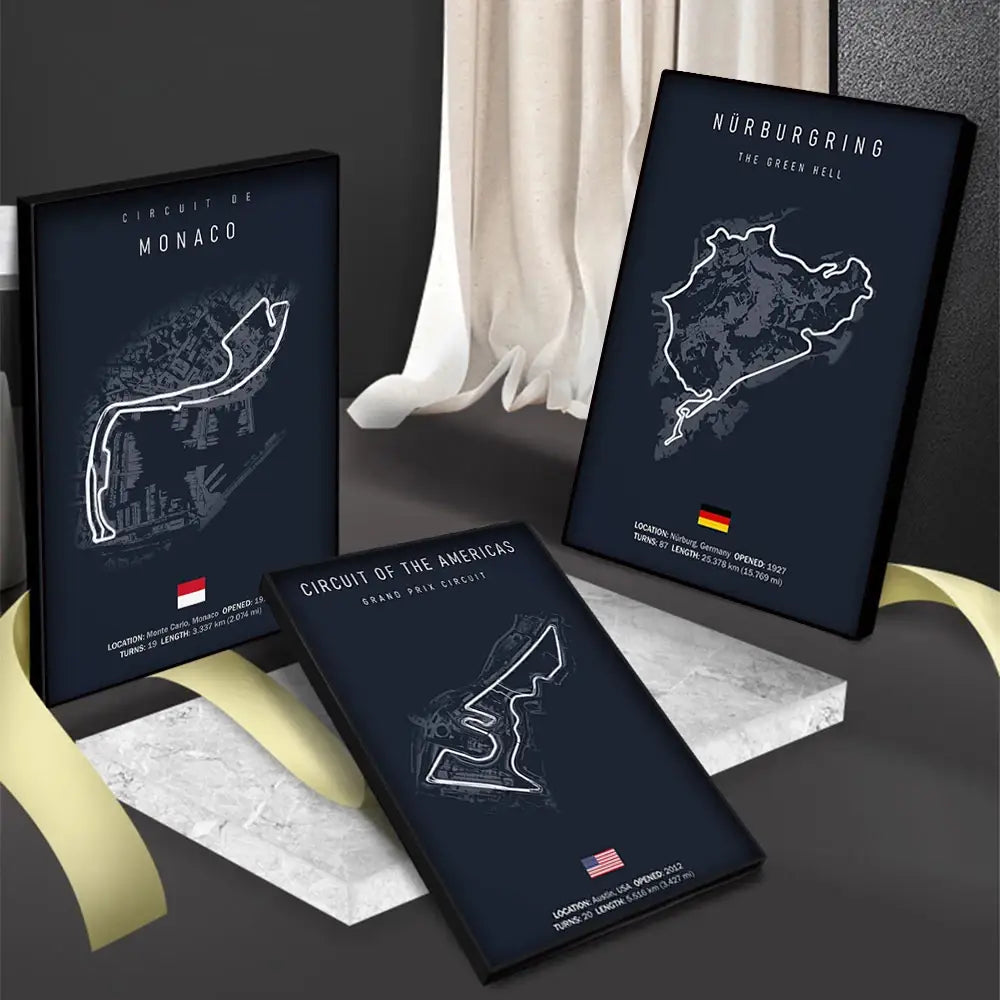 Œuvre murale en toile du circuit de Formule 1 encadrée en bleu foncé, présentant des dessins de lignes blanches de pistes de course célèbres, pour la décoration de la maison dédiée au sport automobile et la décoration murale.