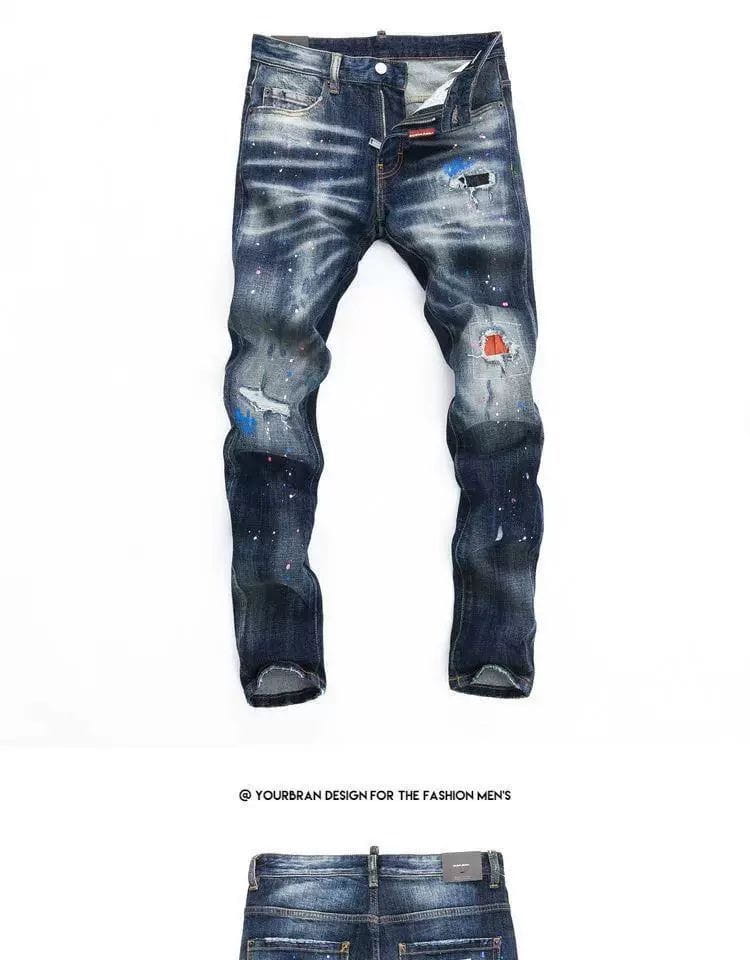 Männer-Farbspritzer-Jeans in gerader Passform aus Denim in Dark-Wash mit abgenutzten und mit Farbspritzern versehenen Details, mit schlanker Passform.