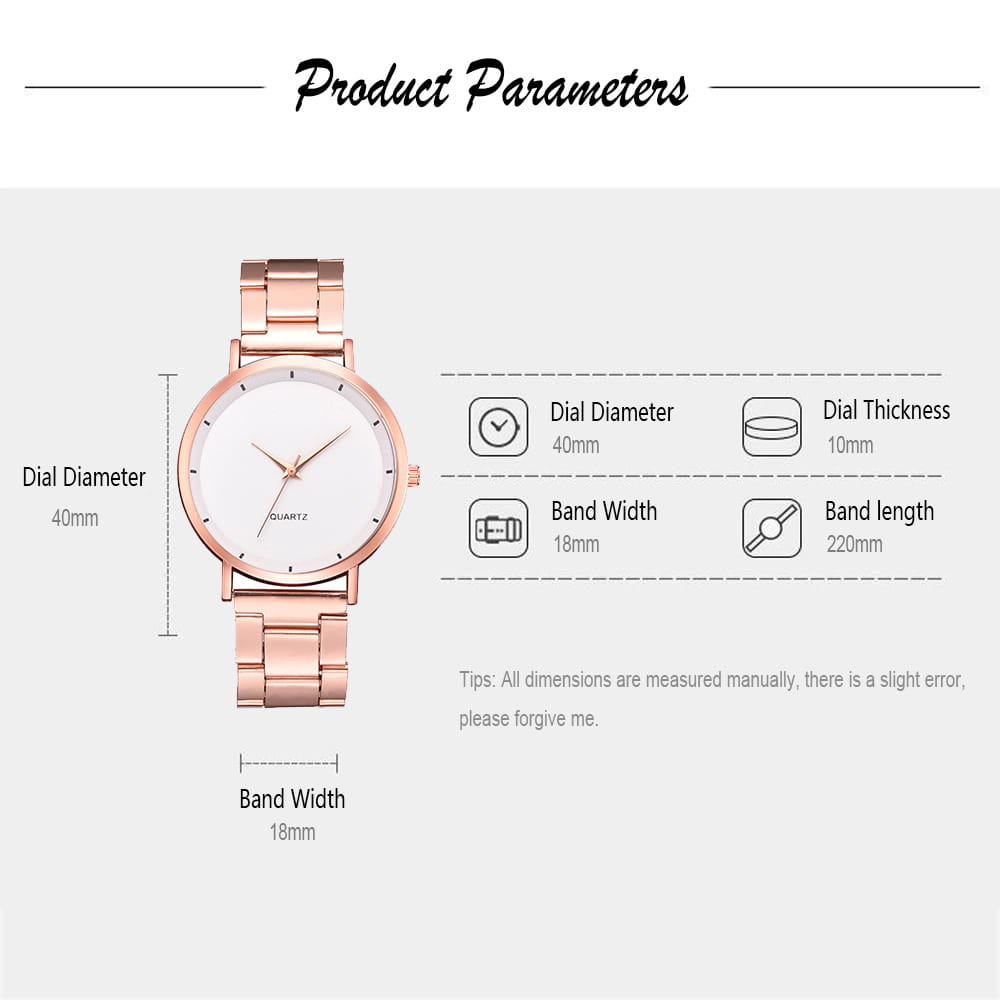 Rose gold women luxury watch quartz business wristwatch featuring a rose gold-toned stainless steel case with a minimalist white dial and simple hour markers.