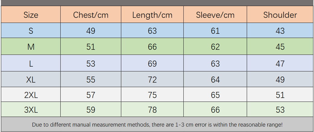 Tabla de tallas para una camiseta de manga larga de mujer que muestra medidas en centímetros de la talla S a la 3XL, para un producto titulado sudadera con capucha informal para hombre.