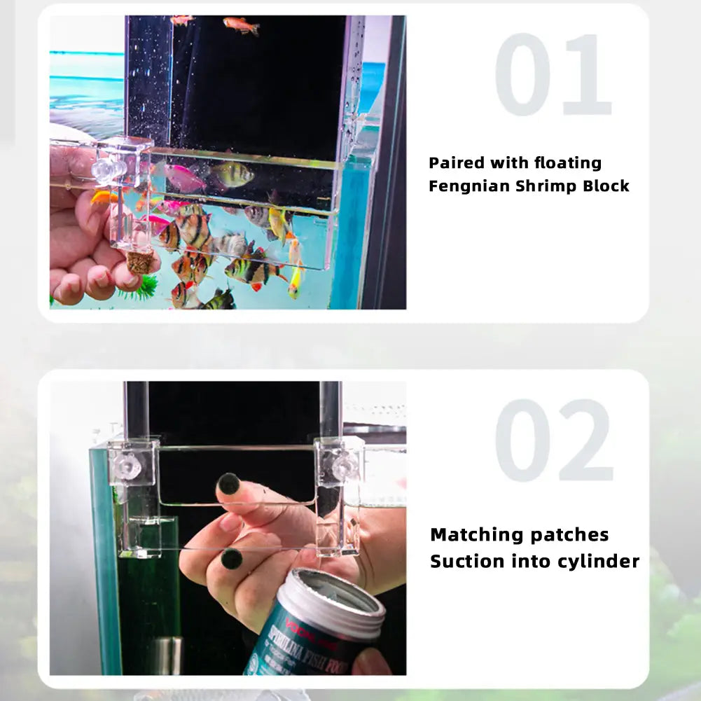 Clear plastic fish tank feeder with suction cups and transparent food compartment for negative pressure aerial aquarium extender.