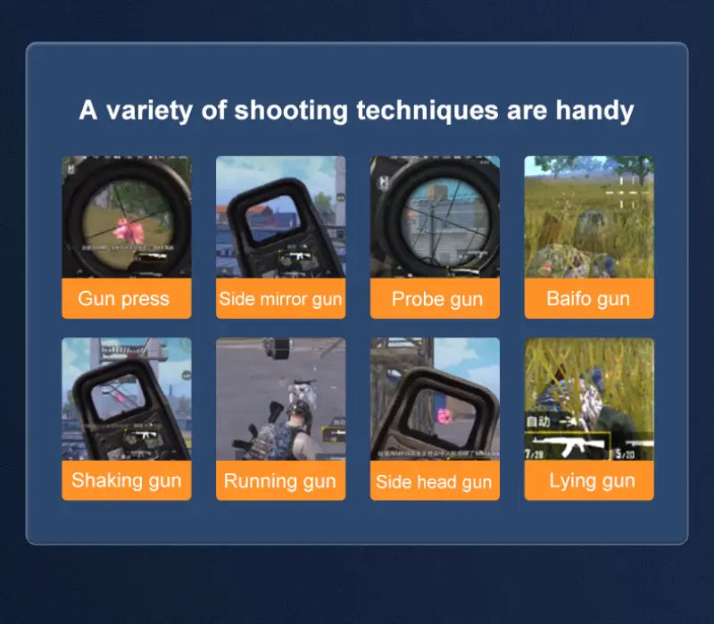 iPhoneおよびAndroid向けのPUBG Mobile用トリガーコントローラー。ゲーム内の銃の照準スタイルが異なる、さまざまな射撃テクニックを紹介しています。