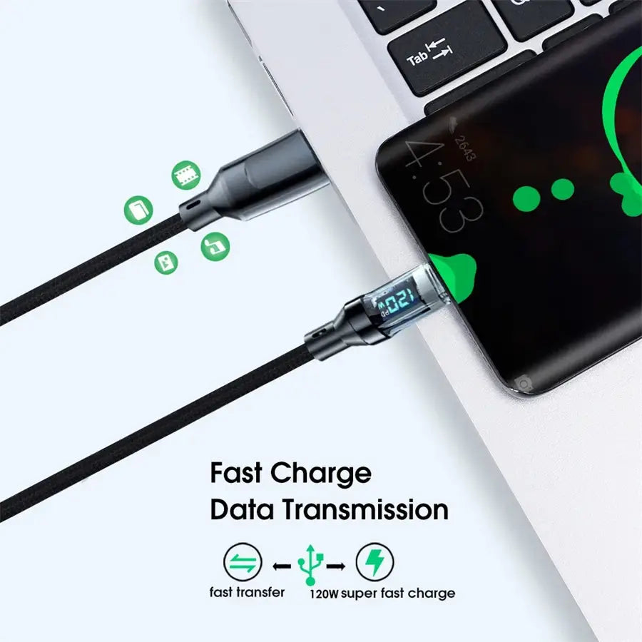 Black magnetic 120w fast charging USB A to Type C cable with digital display showing charge level and super fast charge capability.