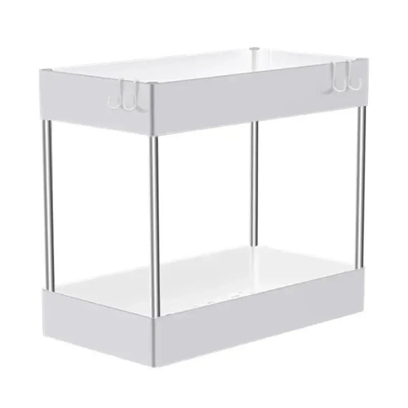 Organizador blanco de almacenamiento bajo el fregadero, de dos niveles, con patas metálicas color plata y ganchos en el estante superior, diseñado como una estantería multifuncional tipo cajón por niveles para uso en la cocina.