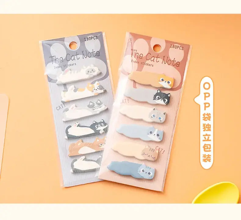 Niedliche, katzenförmige Indexaufkleber in Pastellfarben, verpackt in OPP-Tüten aus dem Katzenhaftnotizen-Memo-Pad-Set.