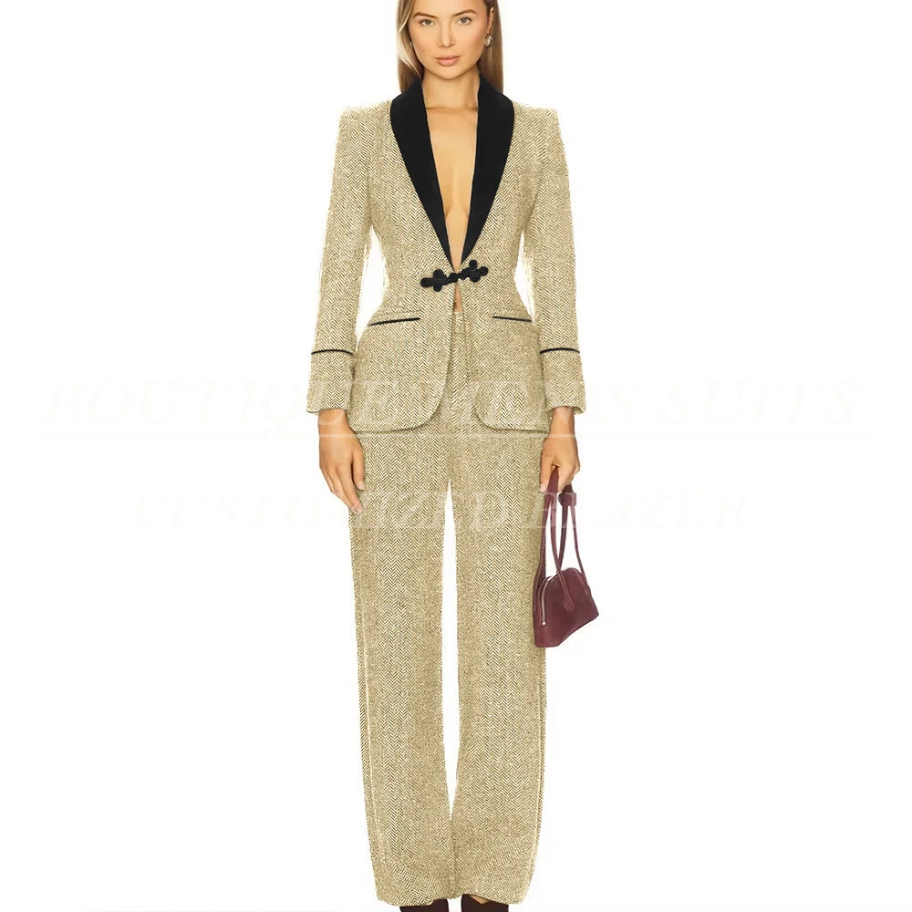 Formal Women's Suits Tweed Single Button Shawl Lapel Slim Fit 2 Piece Jacket Pants Luxury Office Lady Female Clothing Outfits