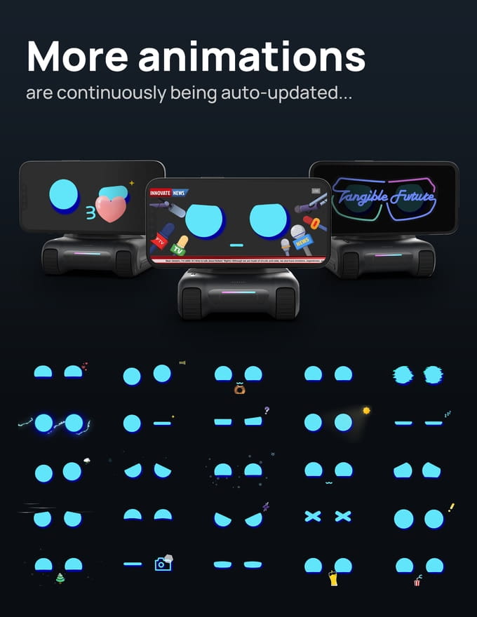 Appareils d’affichage intelligent pour robot intelligent noir Looi AI avec écrans animés lumineux bleus et de couleur néon, offrant des fonctionnalités de télécommande et de batterie au lithium pour un usage interactif