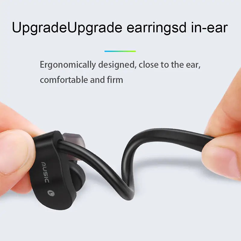 Black wireless sport earhooks bluetooth headphones with a sleek ergonomic design and flexible ear hooks for secure in-ear fit during physical activities.
