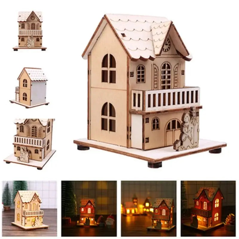 Ornement de sapin de Noël en bois pour maison, charmant modèle à deux étages et en bois clair, avec un intérieur éclairé, des fenêtres cintrées, des balcons décoratifs et des détails de toiture couverts de neige, idéal comme cadeau DIY pour la maison ou comme décoration de fenêtre DIY.