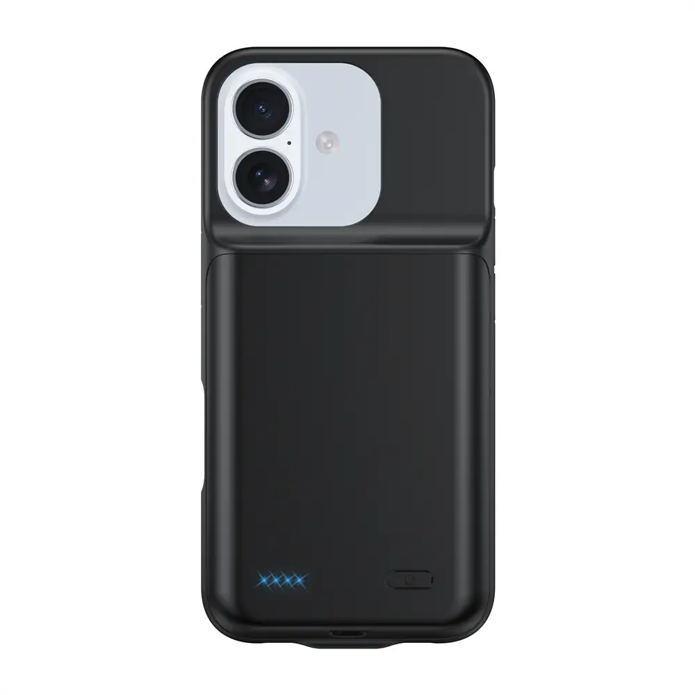 Schwarze Pro-Max-Telefonhülle mit integriertem Akkupack und mattem Rückseitenfinish, mit weißem Kameraausschnitt, ausgelegt als Pro-Max-Akku-Ladehülle für iPhone 16- und 17-Serien.