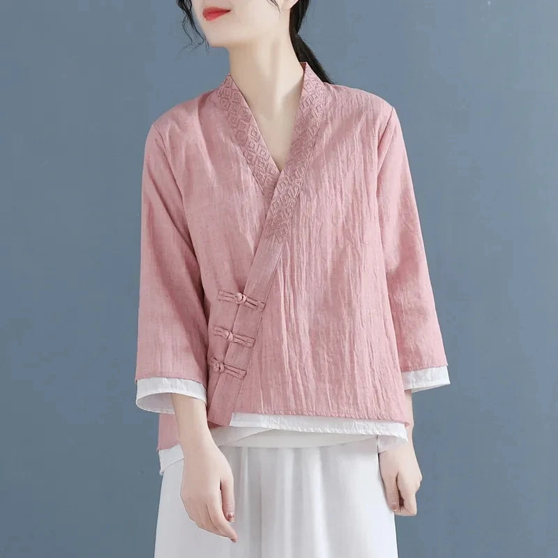 Ethnic Styly Women Tops New Summer Slanted Lapel Three-quarter Sleeve Shirts Vintage Lace V-Neck Loose Cotton Linen Shirt Blouse