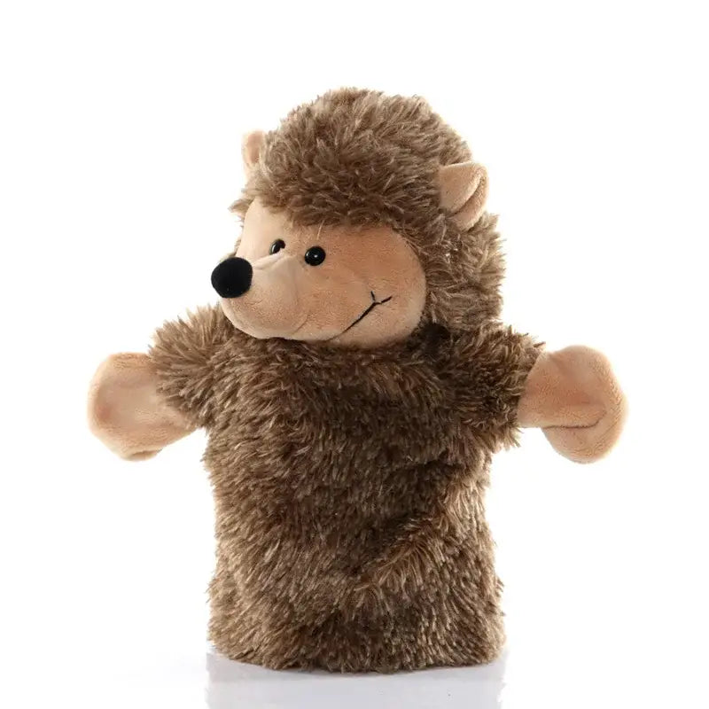 A plush brown hedgehog hand finger puppet with soft textured fur and tan inner ears and paws featured among educational baby toys lion elephant bunny collection.