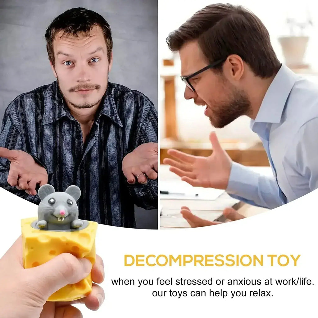 Gray plastic mouse popping out of yellow cheese mouse cup squeeze cheese stress relief toy front view