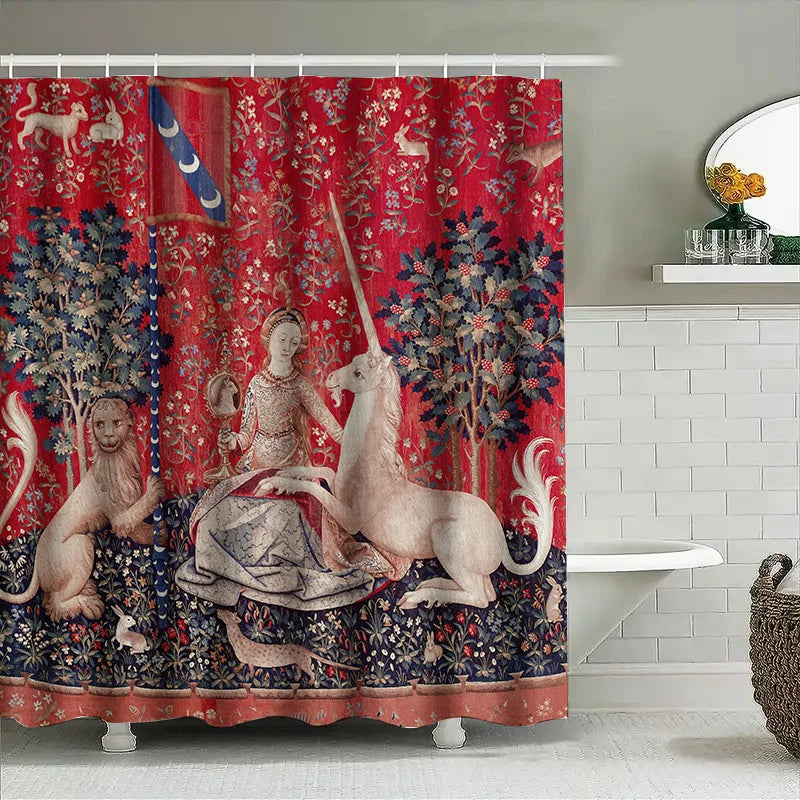 Red Floral Curtain with Medieval Tapestry Design for Bathroom Decor – Luxury Unicorn Bath Rug Shower Curtain Waterproof Home Dec