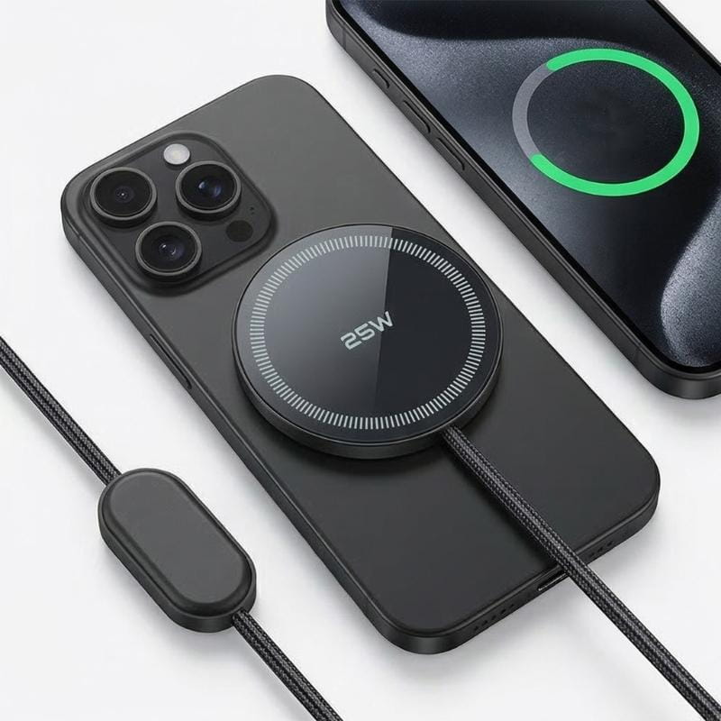 black circular magnetic wireless charging pad 25w fast wireless charging pad for phones with 25w printed on its surface attached to a black smartphone via a braided cable