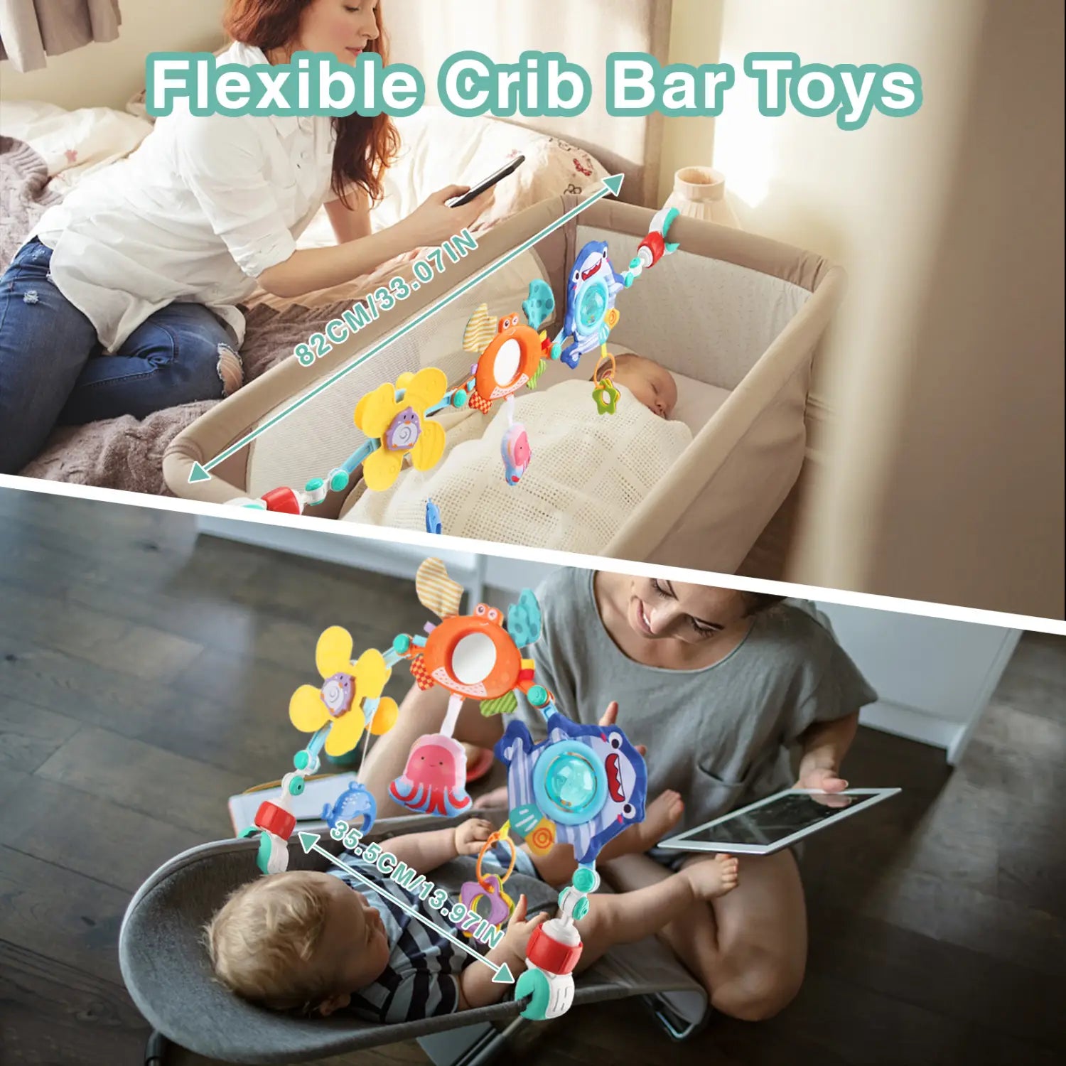 Jouets d’arche pour poussette de bébé flexibles et colorés, avec des motifs ludiques d’animaux et de fleurs, en plastique souple, pour un centre d’activités marin