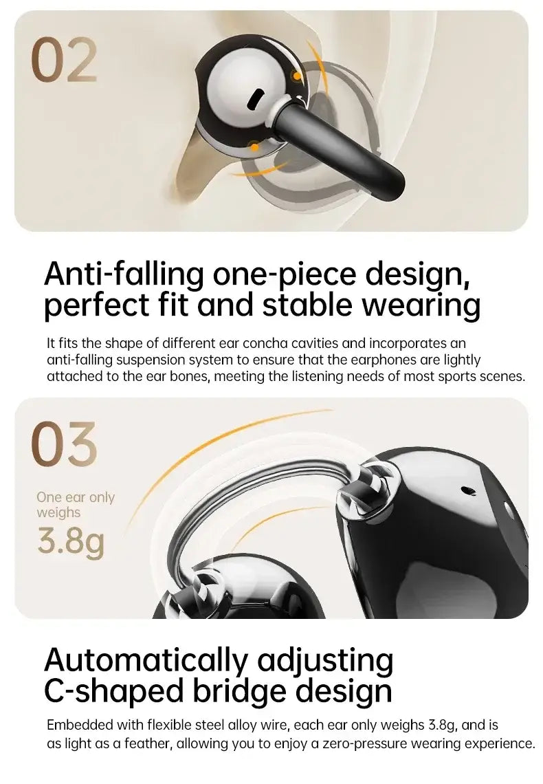 Écouteurs sans fil à pince d’oreille noirs et argentés, design élégant anti-chute monobloc, et pont en forme de C s’ajustant automatiquement, indiqué avec le boîtier de charge