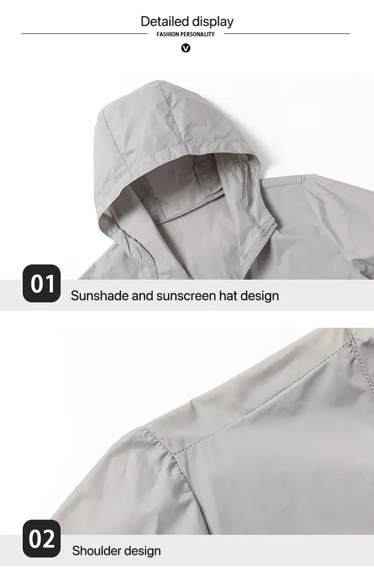 Light gray men sun protection windbreaker jacket featuring a hood with sunshade and built-in sunscreen hat design.