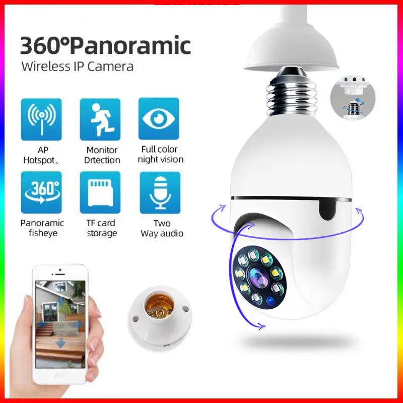 weiße birnenförmige 360°-Panorama-WLAN-IP-Kamera mit Schraubsockel und kreisförmigem LED-Array zur Überwachung der Sicherheit für den Innen- und Außenbereich in der Sicherheitskamera für Glühbirnen, 1080p-WLAN, E27, Smart-HD-Modell