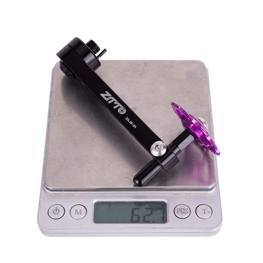 Black zimo zl-01 aluminium alloy bike chain tensioner stabilizer brake lever with a vibrant purple faceted crystal-style end cap.