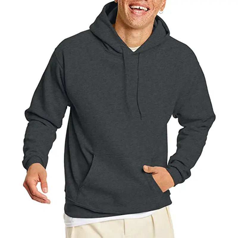 Herren-übergroßer Fleece-Pullover mit Kapuze in Dunkelmeliert-Grau mit vorderer Kängurutasche und Kordelzug-Kapuze.