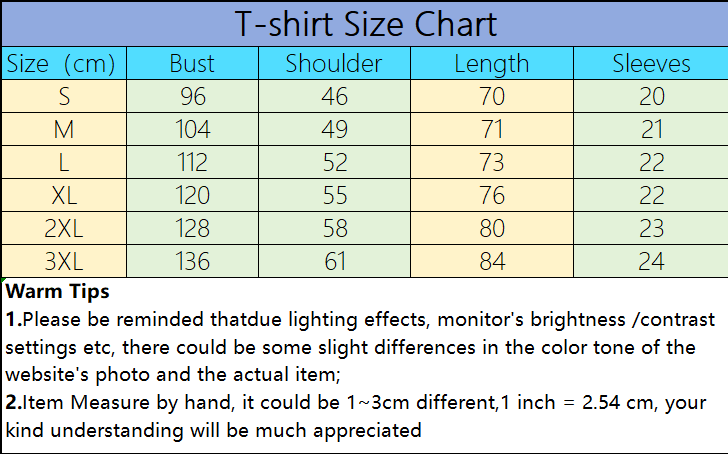 Tabla de tallas de camiseta informal de algodón con estampado vertical para hombre, con medidas para las tallas S a 3XL, mostrada en un formato de tabla limpio.