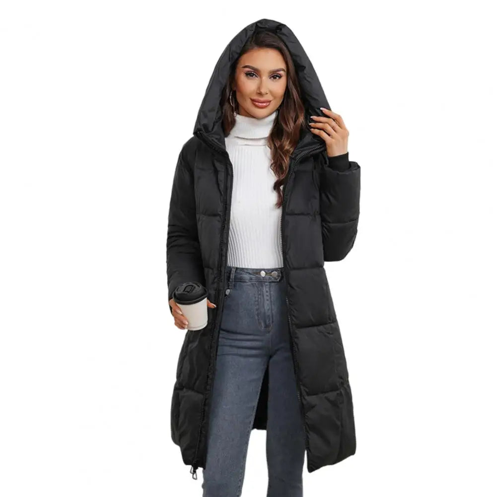 Women Long Hooded Down Jacket Winter Coat Women’s Winter Jacket with Hood Thickened Padded Down Coat Slim Waist Mid-length