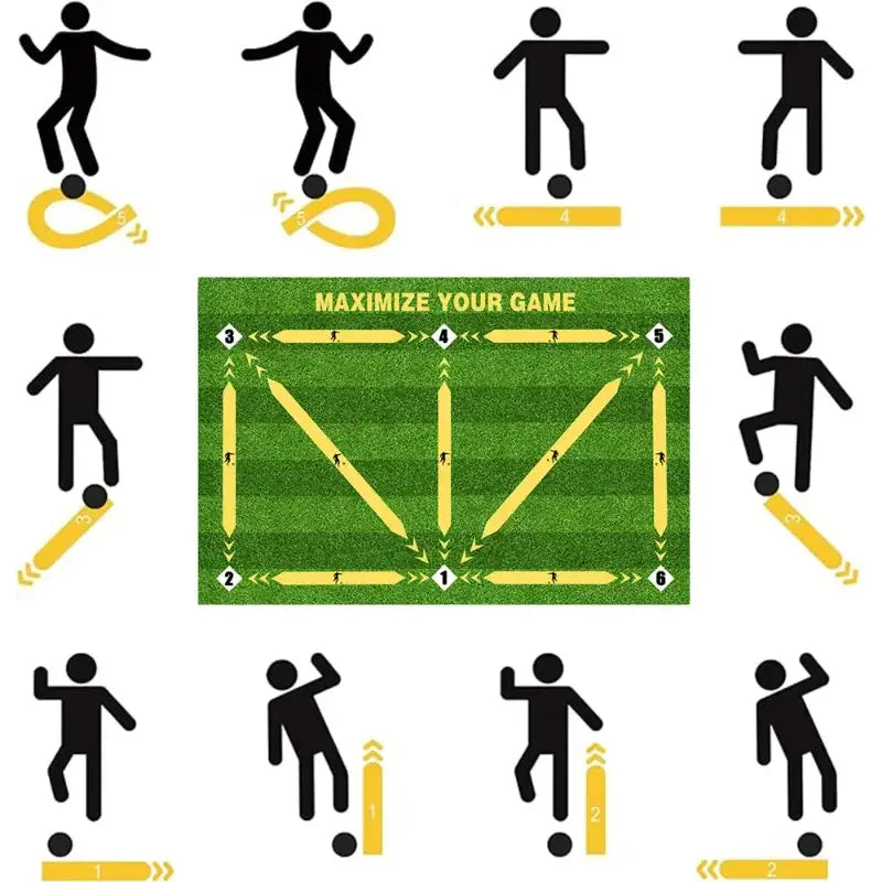green soccer training mat with non slip surface featuring yellow arrows and numbered positions for dribble practice drills