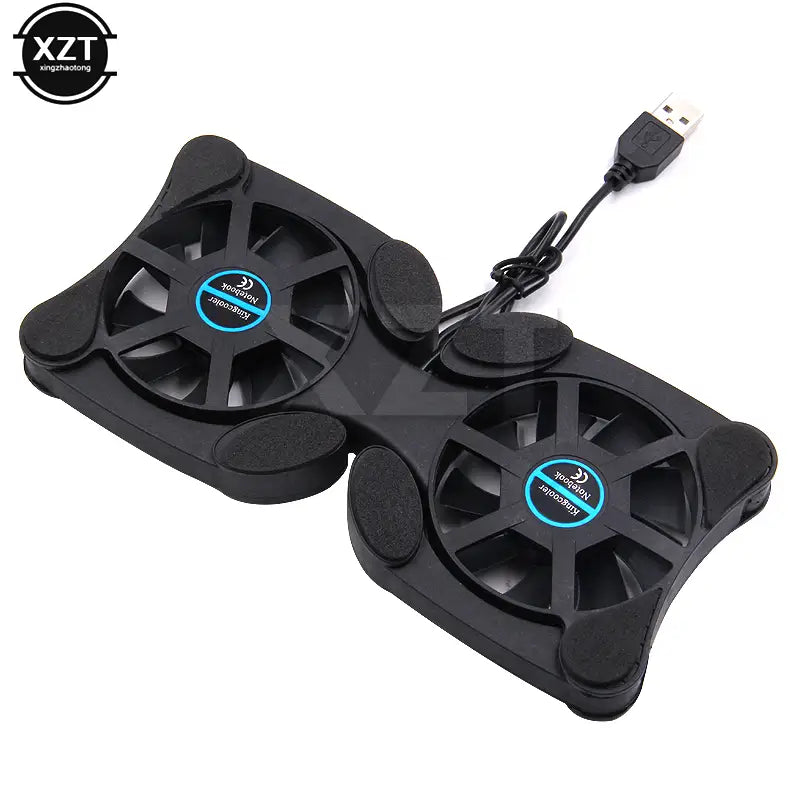 Black dual-fan laptop cooling pad with blue-accented fan hubs and usb cable designed for efficient laptop cooling.