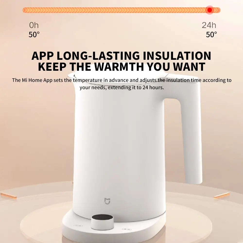 Weißer Xiaomi Mijia Smart Kettle 2 Pro Elektro-Wasserkocher mit eleganter minimalistischer Gestaltung und passendem Sockel.