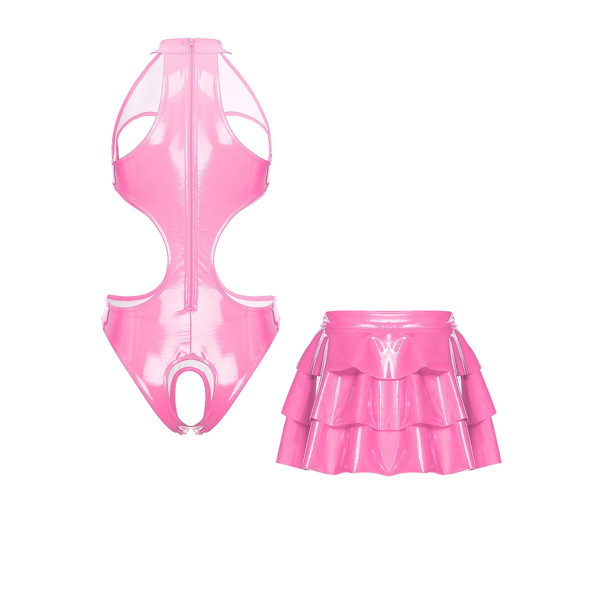 Women Wet Look PU Leather Outfits Cup Cutout Open Crotch Bodysuit with Open Front Tiered Ruffled A-line Miniskirt Night Clubwear