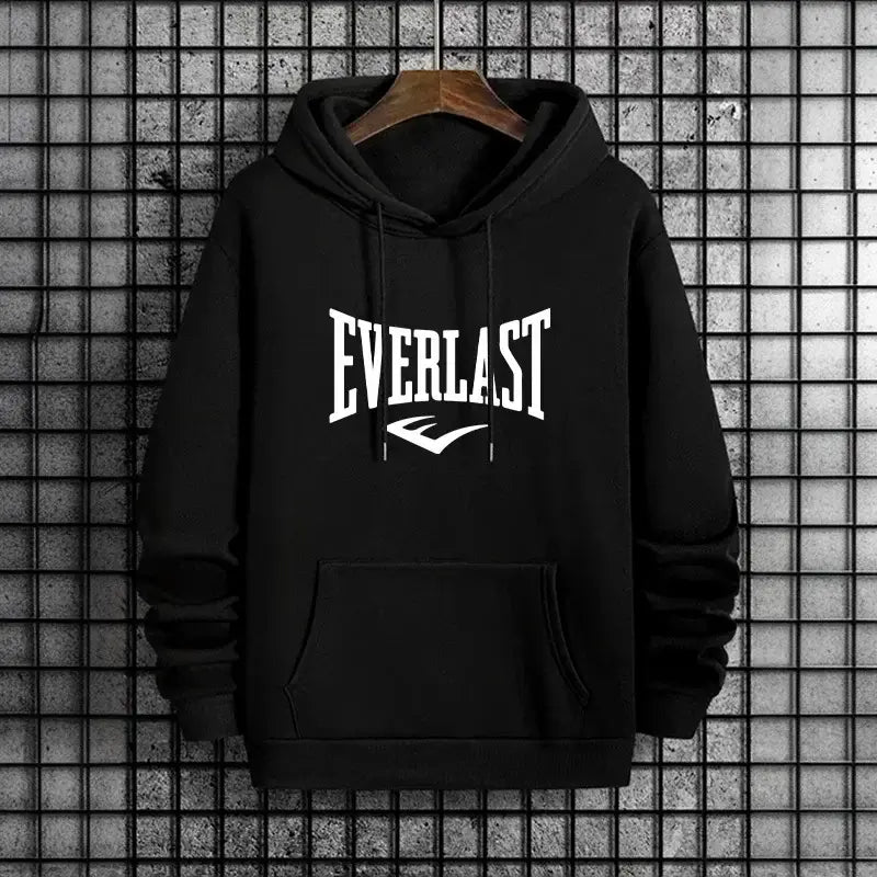 Black Everlast logo hoodie fleece casual pullover with white arched lettering and logo on the front.