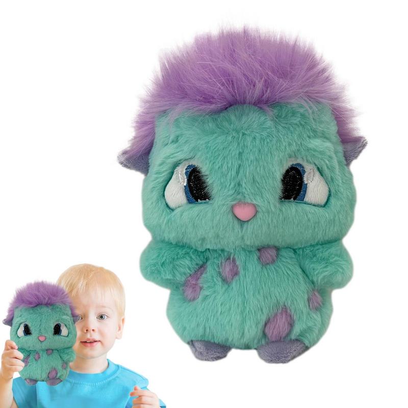 A plush teal bibble plush toy with purple spiky hair and matching spots designed as a cute stuffed anime doll.