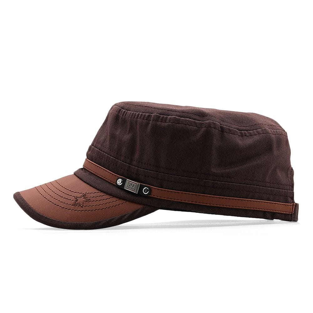 Brown military-style cadet baseball cap with adjustable tan brim and strap made of cotton featuring stitched detailing and a small star emblem.