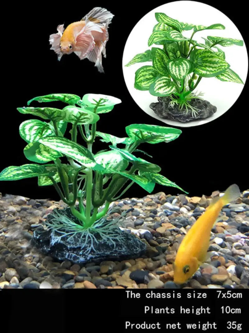 Green artificial water plants with leafy water-patterned foliage and a black rocky base for fish tank landscape decoration.