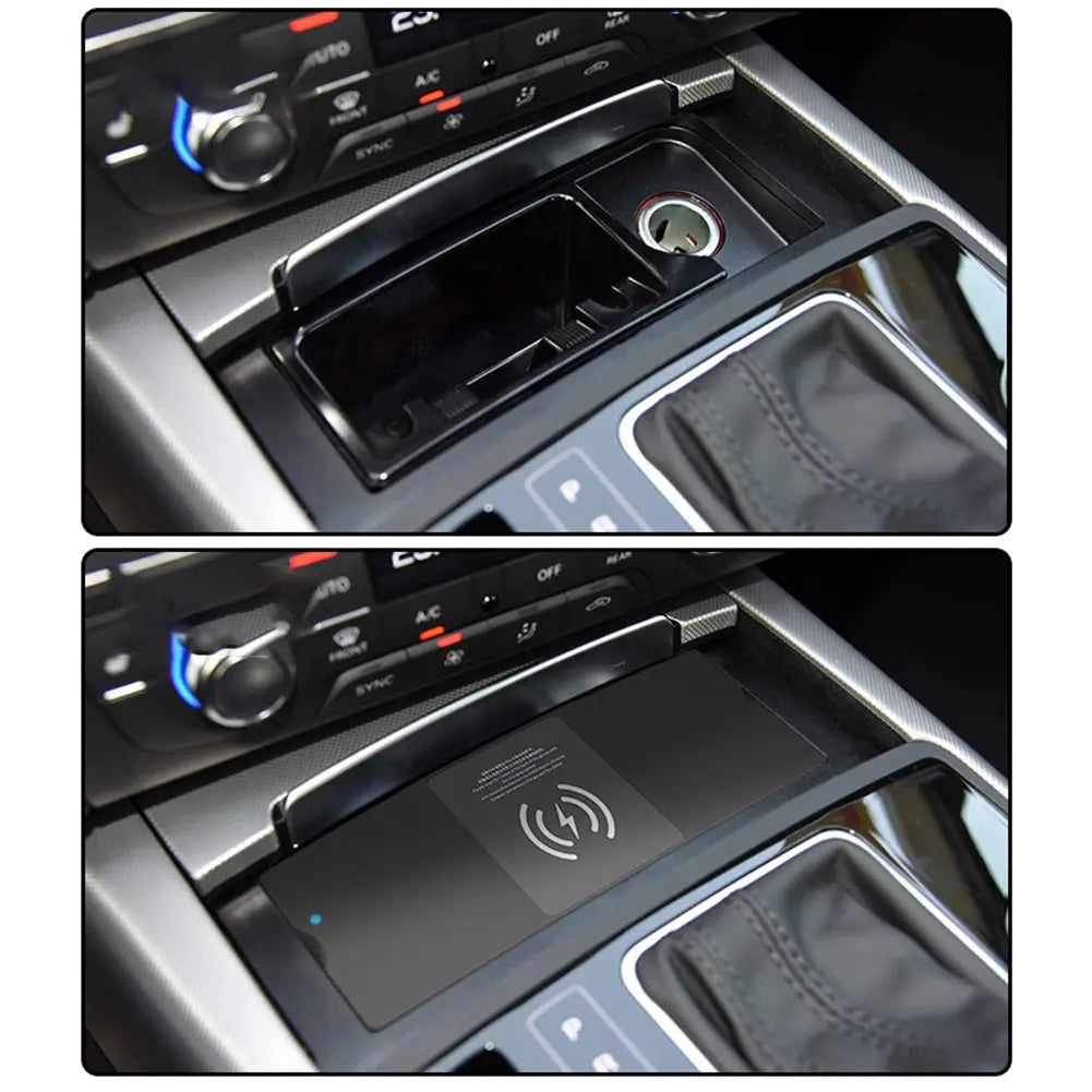 Black wireless charging pad with a subtle white lightning bolt symbol, designed for seamless integration into Audi A6 A7 center console storage compartments, offering 15w fast charging.