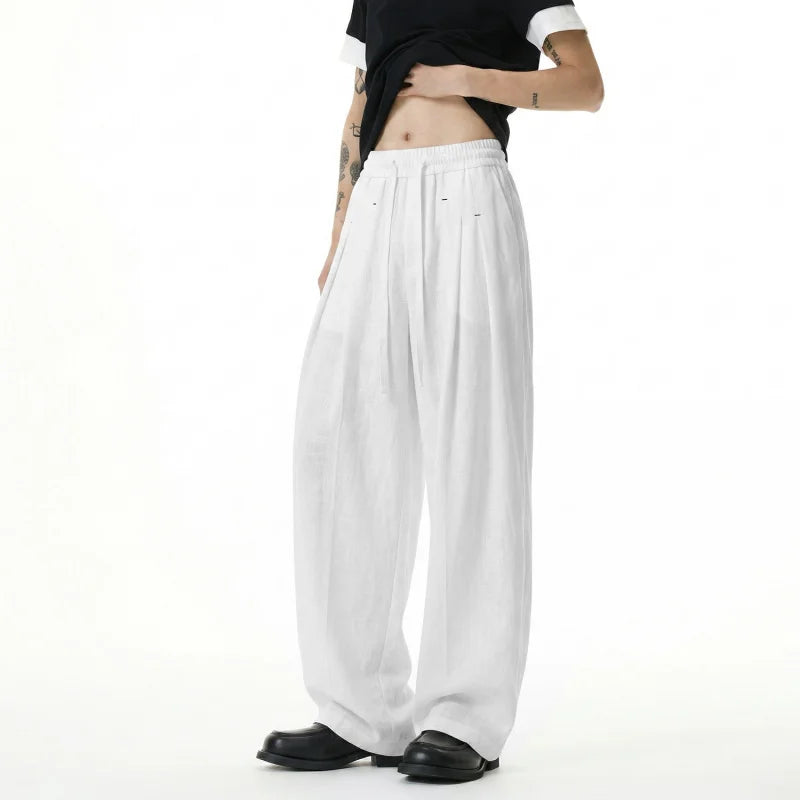 Mens Casual Pants Breathable 2026 new straight leg pants man Summer Drawstring Loose Drape Fit Solid Color Trendy Lightweight