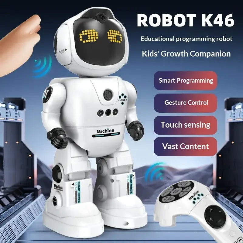 White plastic interactive robotic dog toy k46 with black accents and glowing yellow LED eyes featuring voice control.