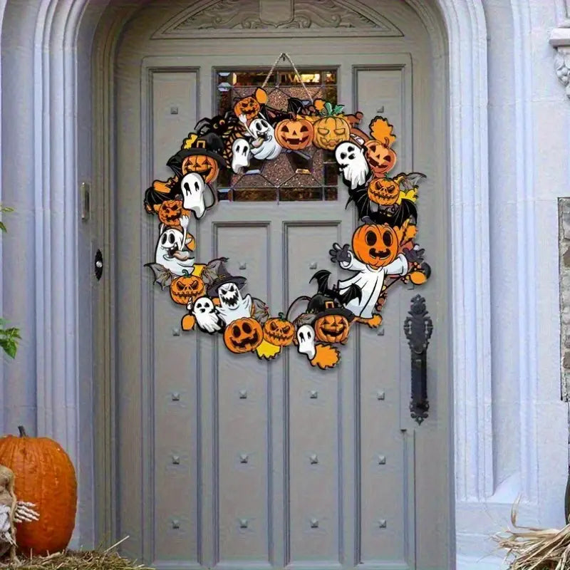 Une enseigne festive en bois pour citrouille d’Halloween et fantôme, suspendue, présentant une couronne ornée de citrouilles orange, de fantômes blancs et de chauves-souris noires, dans un style dessin animé joyeux.