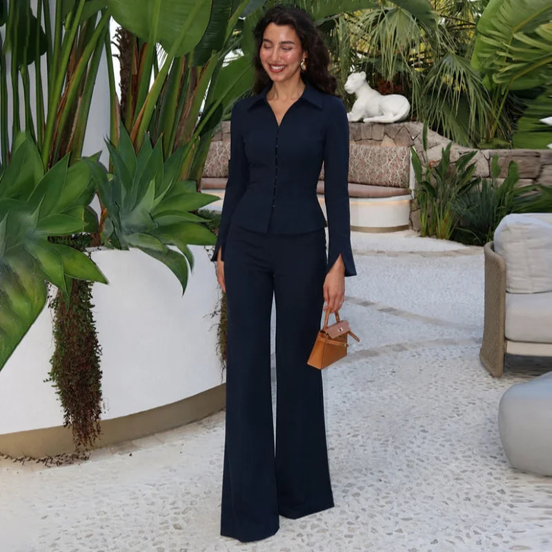 Women Two Piece Suit Set Long Sleeve Fitted Peplum Blazer High Waist Flared Trousers Commuter Business Casual Matching Outfits